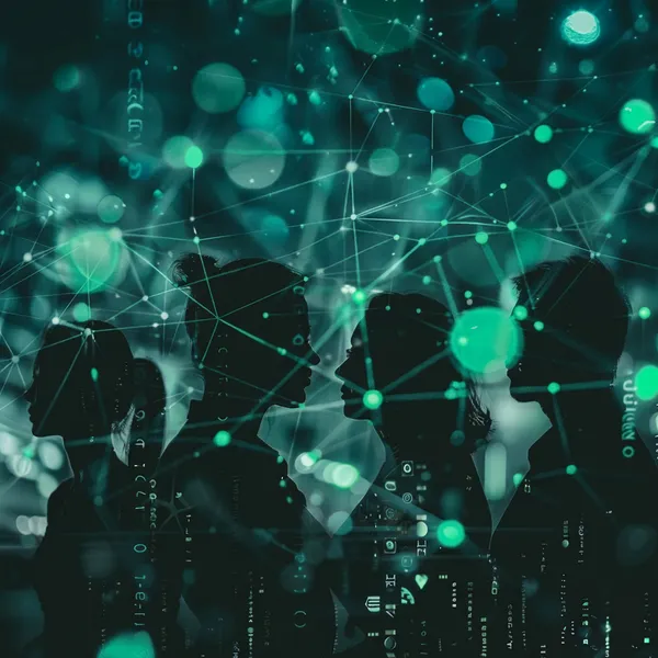 Silhuetas de profissionais conectados por uma rede de dados e luz verde, representando colaboração e tecnologia